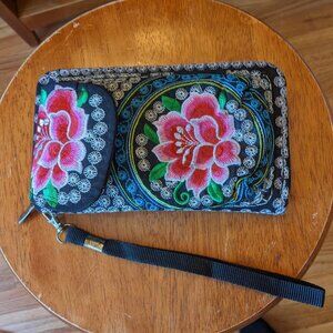 Embroidered Floral Pink Lotus Wristlet / Handbag / Wallet / Clutch